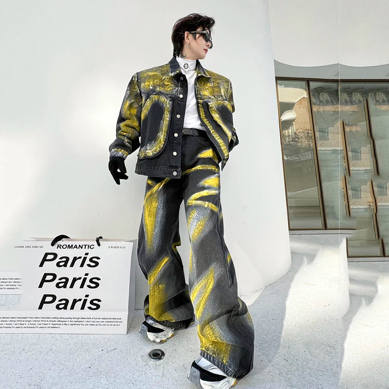 Men's Spring Yellow Painted Pocket Denim Jacket Denim Pants Loose Fitting Set High Street Male Clothes Winter