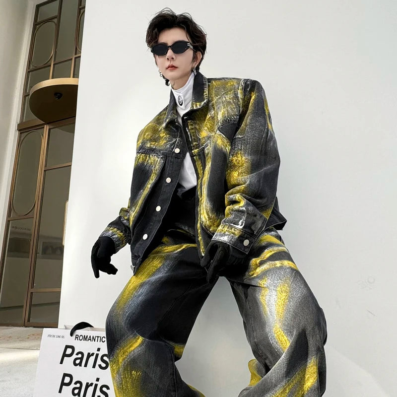 Men's Spring Yellow Painted Pocket Denim Jacket Denim Pants Loose Fitting Set High Street Male Clothes Winter