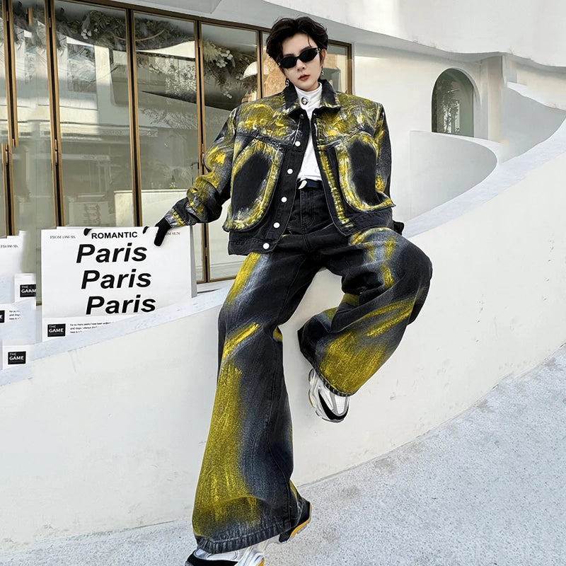 Men's Spring Yellow Painted Pocket Denim Jacket Denim Pants Loose Fitting Set High Street Male Clothes Winter