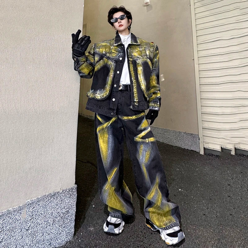 Men's Spring Yellow Painted Pocket Denim Jacket Denim Pants Loose Fitting Set High Street Male Clothes Winter