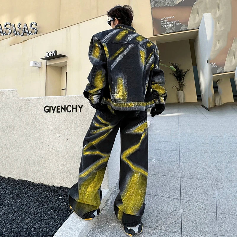 Men's Spring Yellow Painted Pocket Denim Jacket Denim Pants Loose Fitting Set High Street Male Clothes Winter