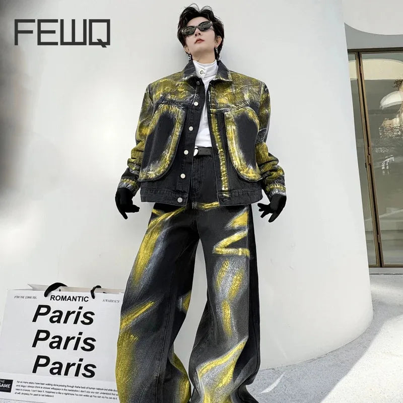 Men's Spring Yellow Painted Pocket Denim Jacket Denim Pants Loose Fitting Set High Street Male Clothes Winter