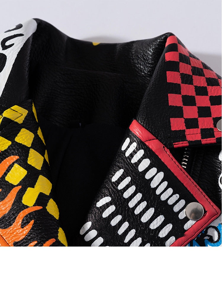 Brand Coat PU Leather Jacket Women Leopard Print Graffiti Rivets Punk Coats Slim Locomotive Cropped Jacket Leather Top