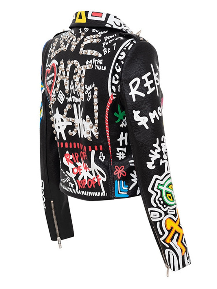 Brand Coat PU Leather Jacket Women Leopard Print Graffiti Rivets Punk Coats Slim Locomotive Cropped Jacket Leather Top