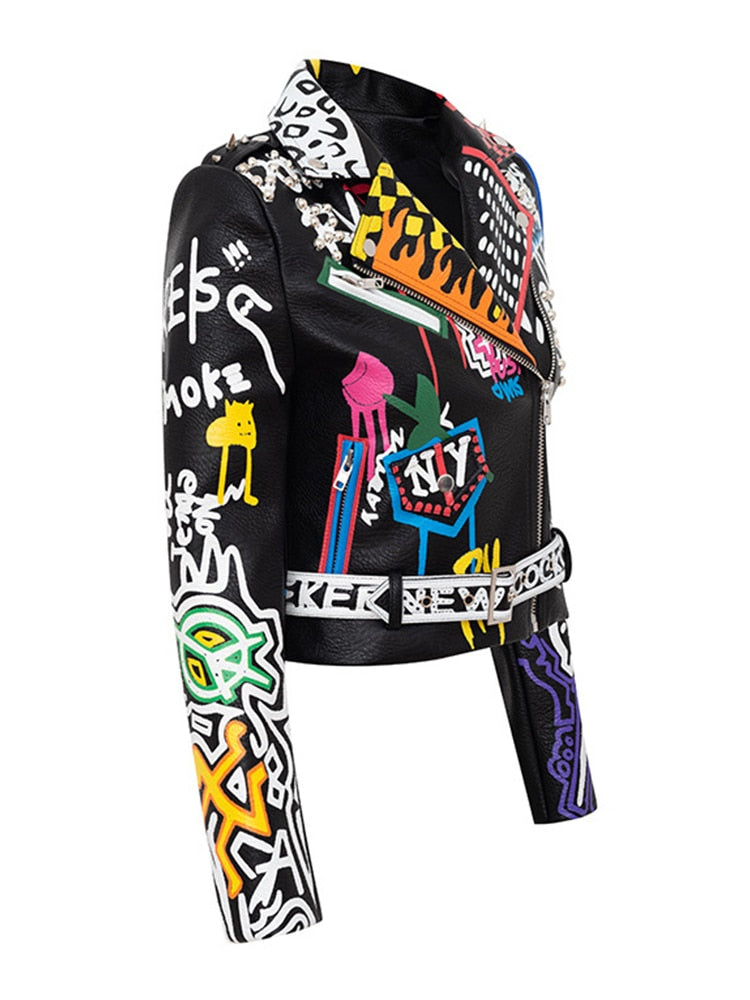 Brand Coat PU Leather Jacket Women Leopard Print Graffiti Rivets Punk Coats Slim Locomotive Cropped Jacket Leather Top