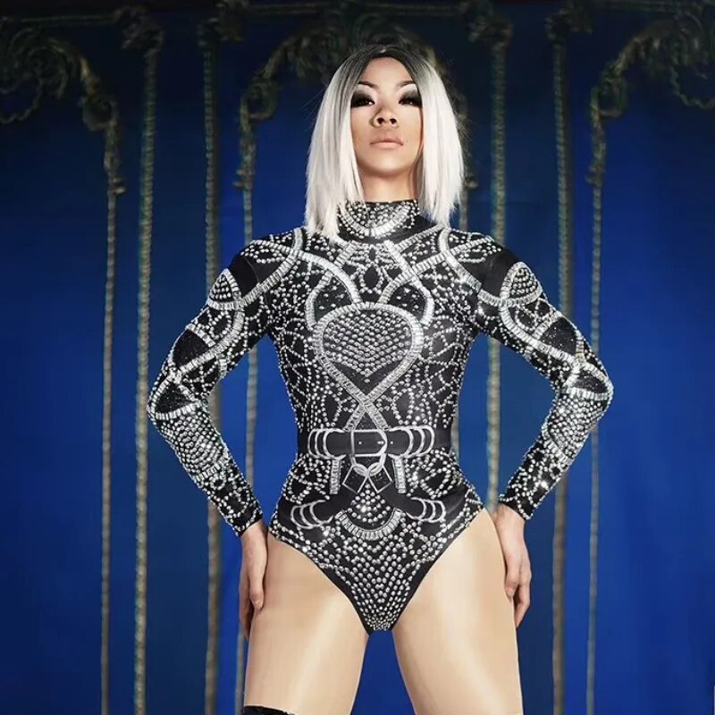 Fashion Crystals Stretch Bodysuits Women Party Jumpsuits Skinny Rhinestone Leotard Nightclub Dj Costumes Jazz Singer Stage Wear