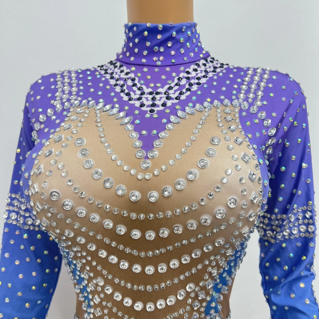 Nude Blue Stretch Rhienstones Rompers Birthday Party Bodysuit Women Singer Performance Jumpsuit Costume