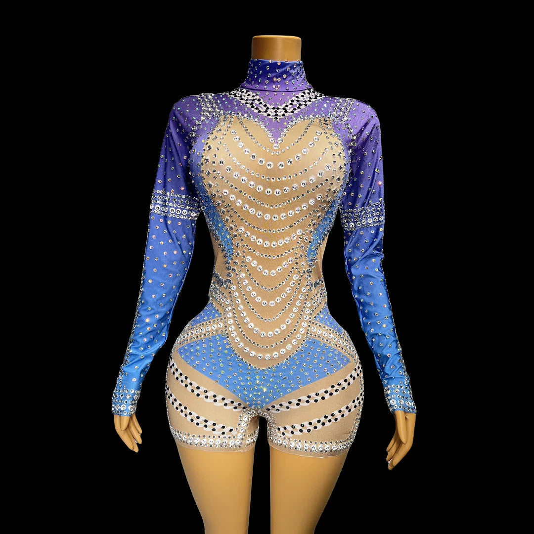 Nude Blue Stretch Rhienstones Rompers Birthday Party Bodysuit Women Singer Performance Jumpsuit Costume