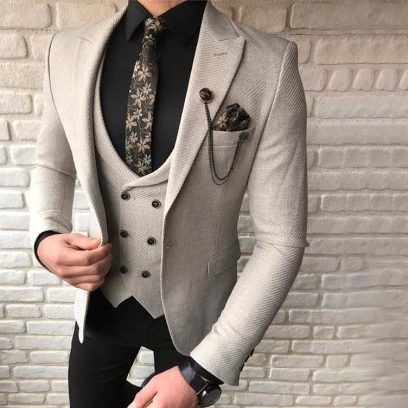 Grey Wool Men Suits For Wedding Tuxedos Groom Three Pieces Prom Party Blazer Formal Business Jacket Vest Pants
