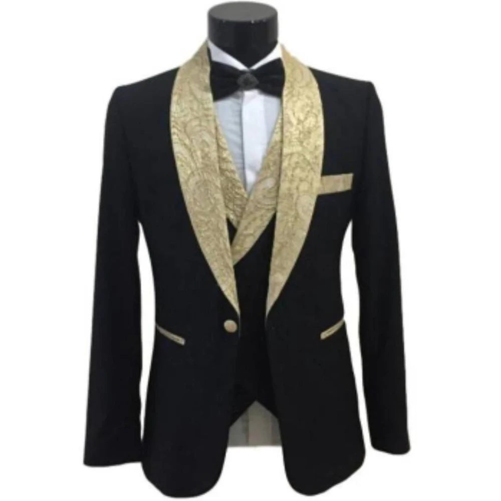 Men Suits 3 Piece Chic Gold Floral Shawl Lapel Black Slim Fit Male Blazer Wedding Prom Party Tuxedo New Arrival Suits