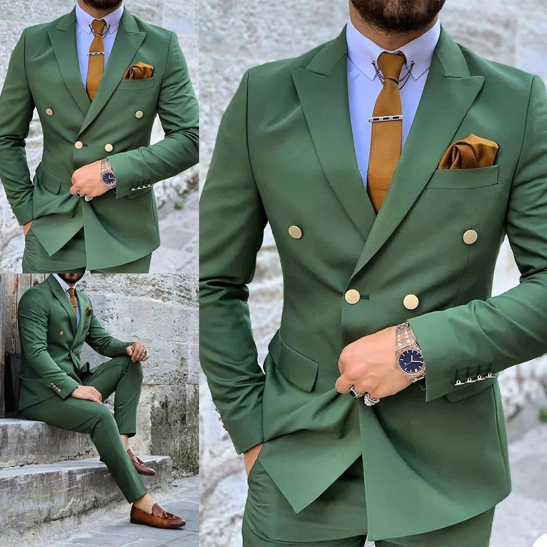 Men Green Double Breasted Suits Custom Made Wedding Tuxedo Terno Prom Groom 2 Pcs Blazer Jacket+Pant