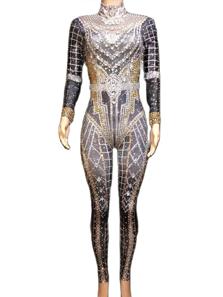 Nightclub Dancer Pole Dancing Stage Costumes Acrobatic Women Jumpsuit Shining Rhinestones Showgirl Performance Costumes