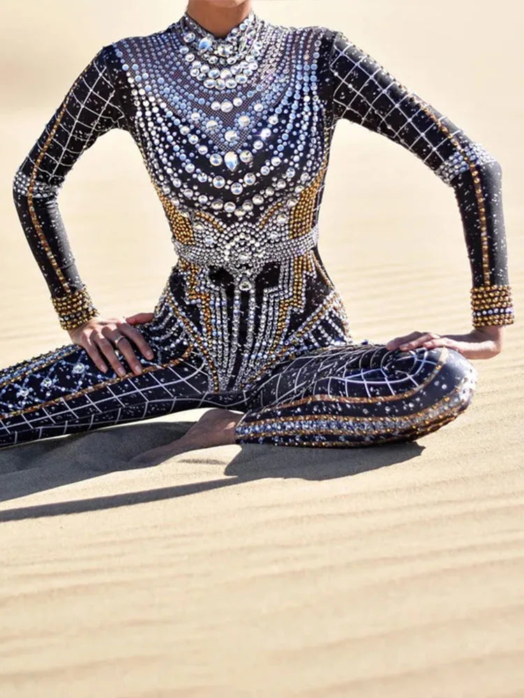 Nightclub Dancer Pole Dancing Stage Costumes Acrobatic Women Jumpsuit Shining Rhinestones Showgirl Performance Costumes