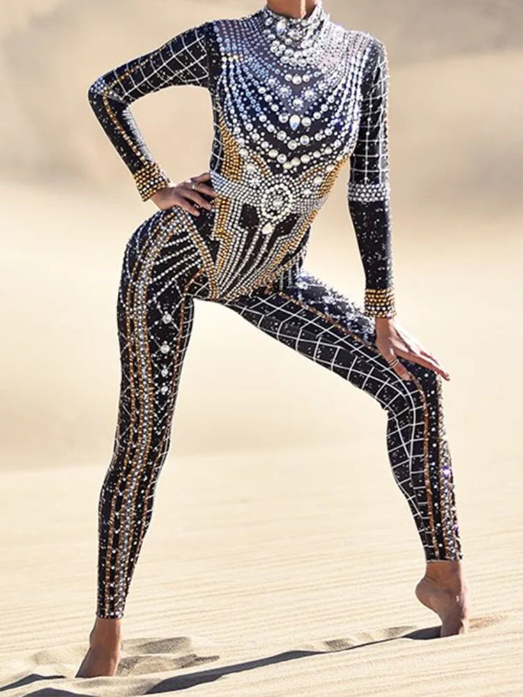 Nightclub Dancer Pole Dancing Stage Costumes Acrobatic Women Jumpsuit Shining Rhinestones Showgirl Performance Costumes