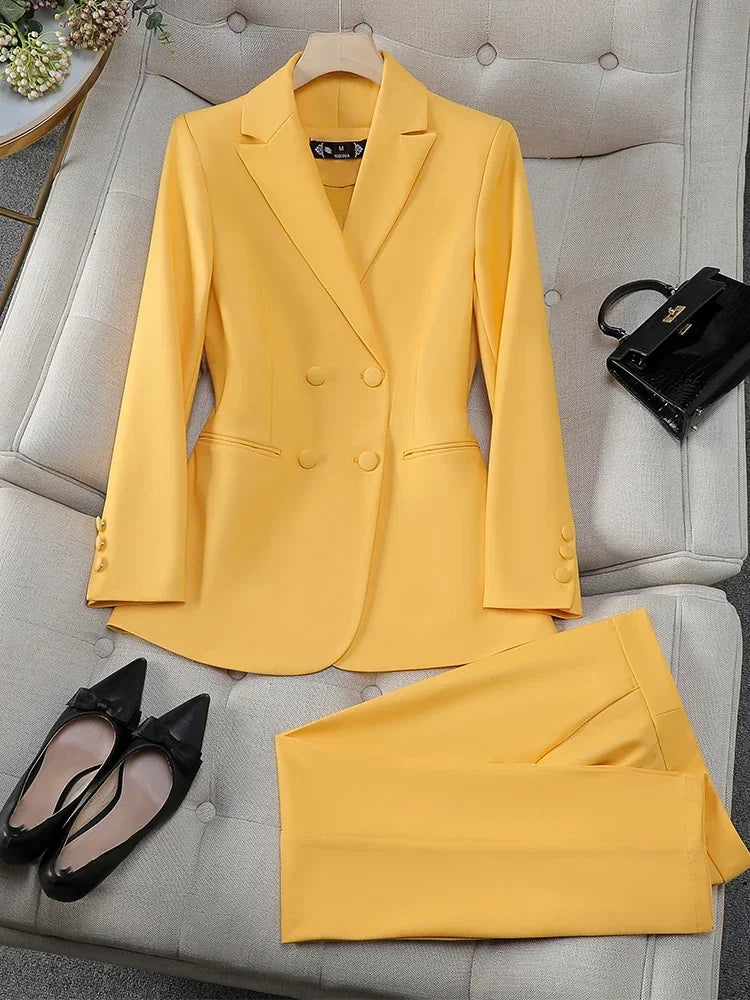 Office Ladies Formal Pant Suit Set Women Blue Pink Yellow Female Business Work Wear 2 Piece Blazer Jacket and Trouser