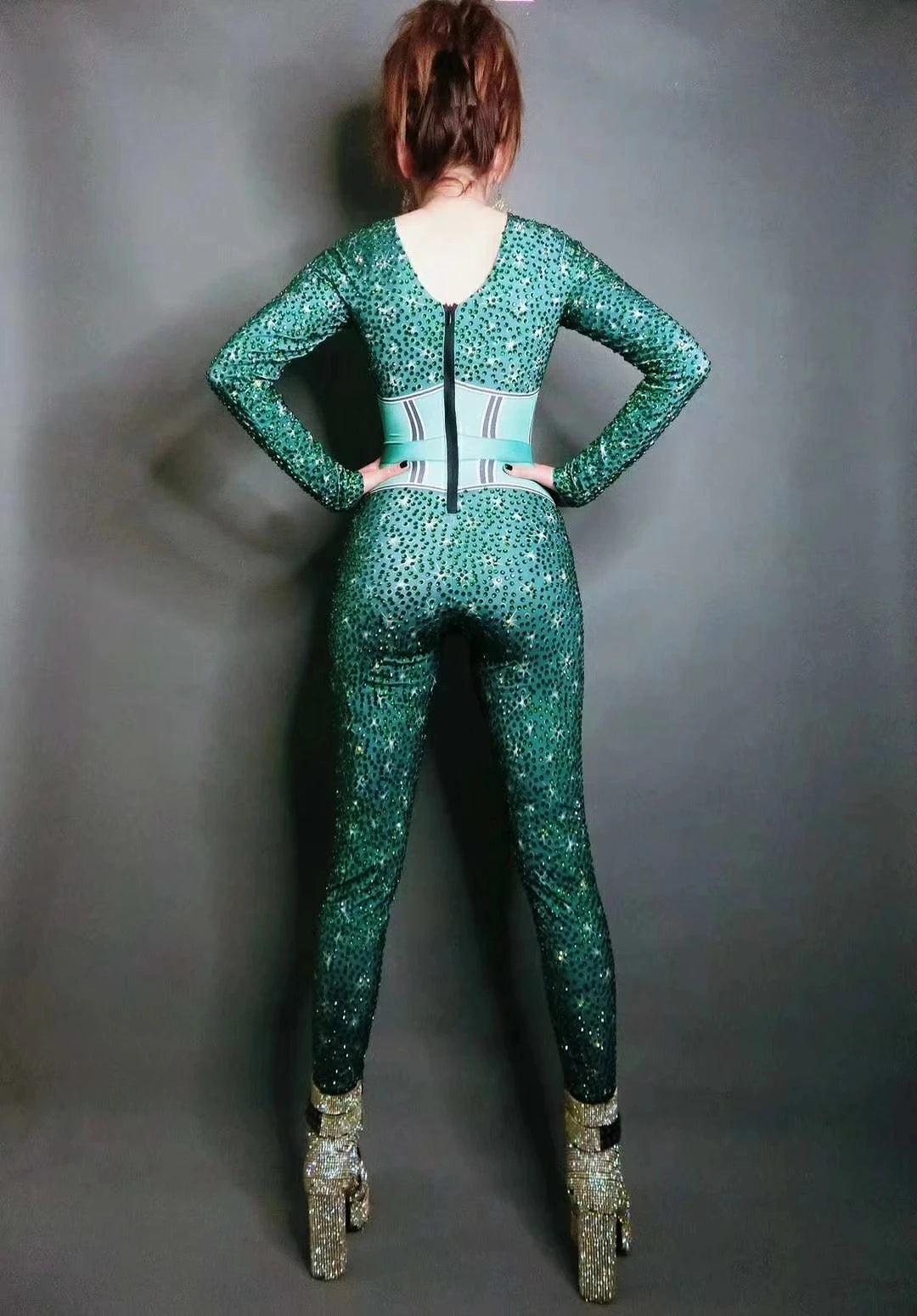 Fashion Sexy Rhinestones Belt Print Green Jumpsuit Performance Club Party Birthday Drag Queen Pole Dance Stage Leotard Lvliulian