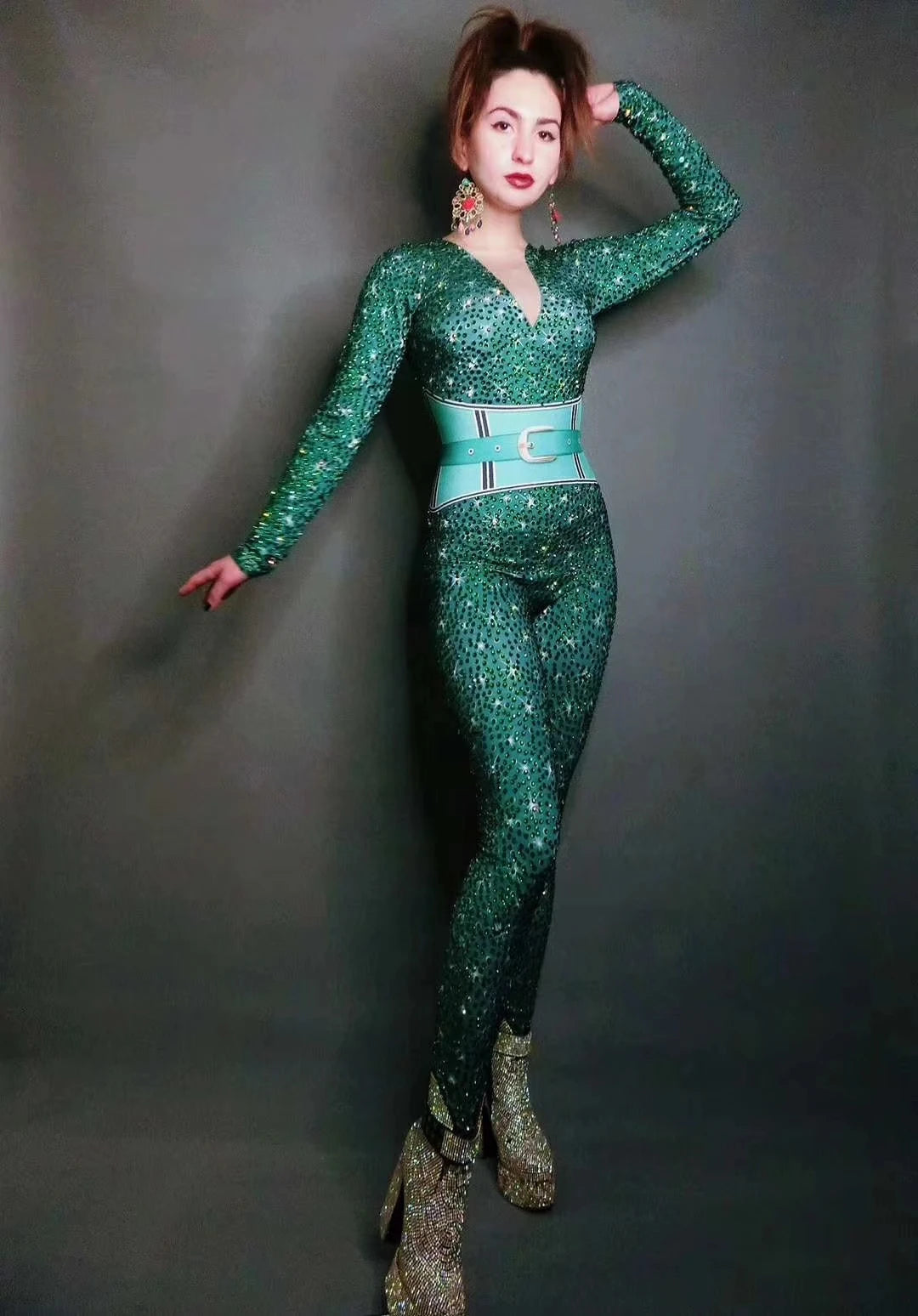 Fashion Sexy Rhinestones Belt Print Green Jumpsuit Performance Club Party Birthday Drag Queen Pole Dance Stage Leotard Lvliulian