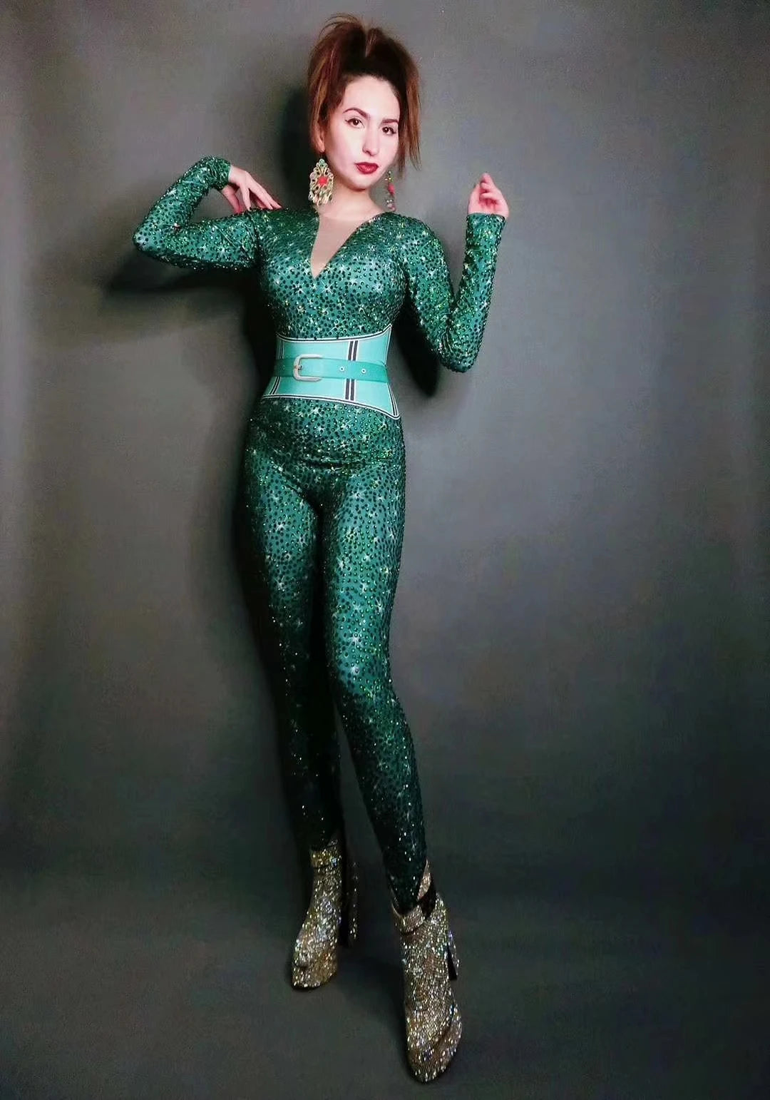 Fashion Sexy Rhinestones Belt Print Green Jumpsuit Performance Club Party Birthday Drag Queen Pole Dance Stage Leotard Lvliulian