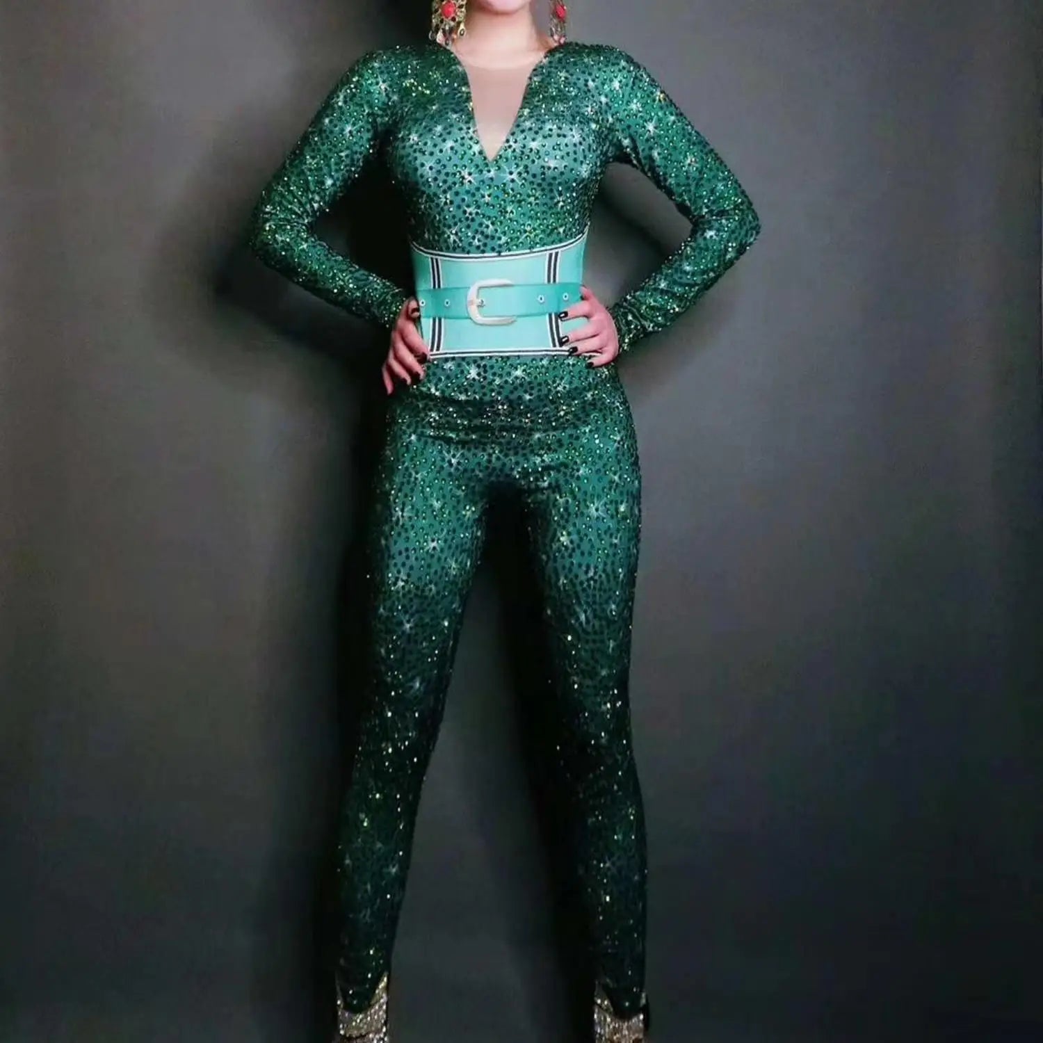Fashion Sexy Rhinestones Belt Print Green Jumpsuit Performance Club Party Birthday Drag Queen Pole Dance Stage Leotard Lvliulian