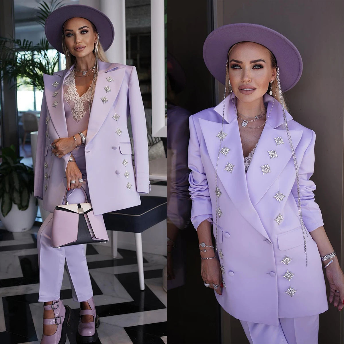 Fashion Show Women Pants Suits Flowers Beading Blazer Sets Double Breated 2 Pieces Custom Made For Lady