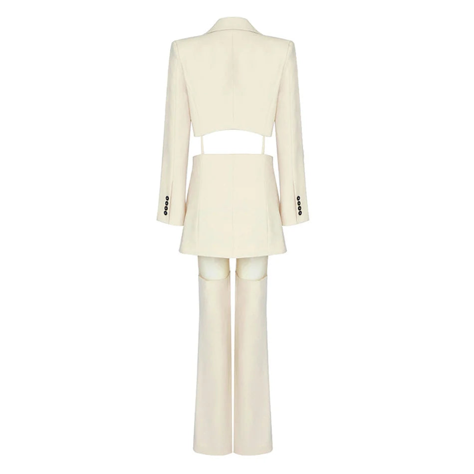 Two-piece Pants Suit New Designer Women's Cut Out V Neck Long Sleeve Jacket Set Hot High Street Outfit