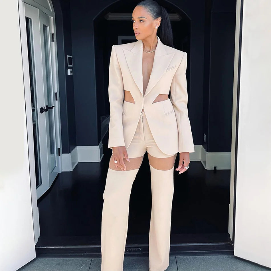 Two-piece Pants Suit New Designer Women's Cut Out V Neck Long Sleeve Jacket Set Hot High Street Outfit