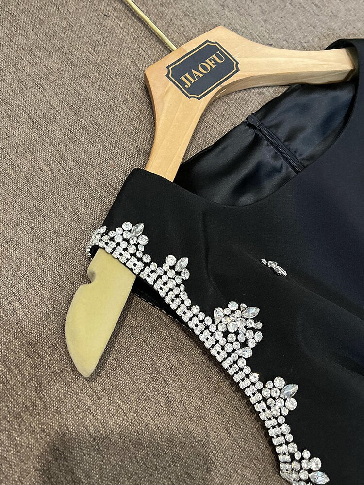 Workmanship Luxury Rhinestone Hollow Out Waist Sleeveless Woman O-neck Party Black Small Dress