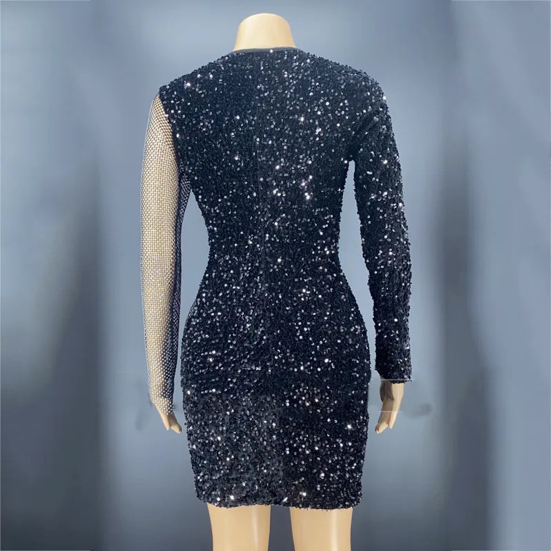 Women Flash Black Sequins Mesh Dress Rhinestones Dress Evening Dress