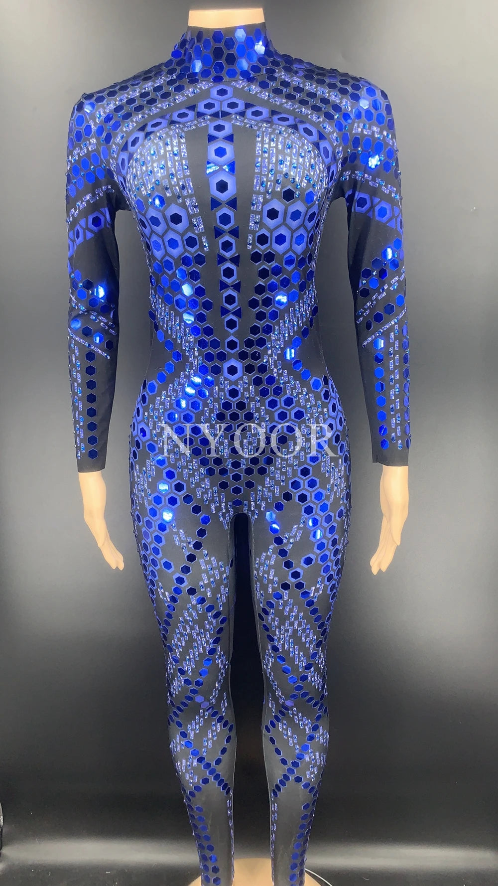 Flashing Blue Sequined Long Sleeve Jumpsuit Women Birthday Celebrate Party Outfit Bar Nightclub Dance Costume Show Stage Wear