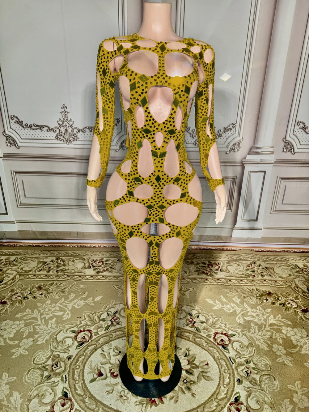 Flash Mirrors Rhinestones Hollow Long Dress Evening Outfit