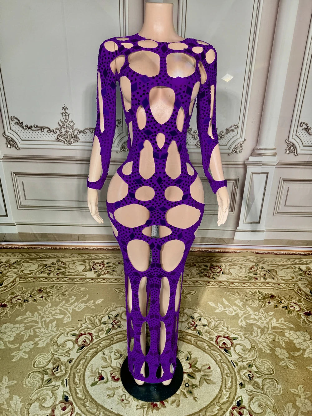 Flash Mirrors Rhinestones Hollow Long Dress Evening Outfit