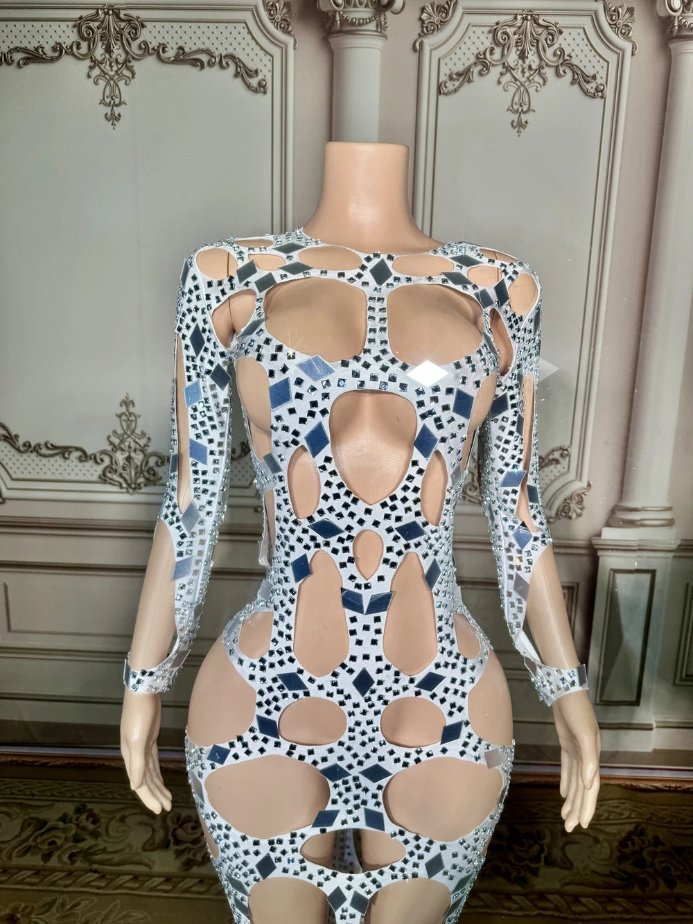 Flash Mirrors Rhinestones Hollow Long Dress Evening Outfit