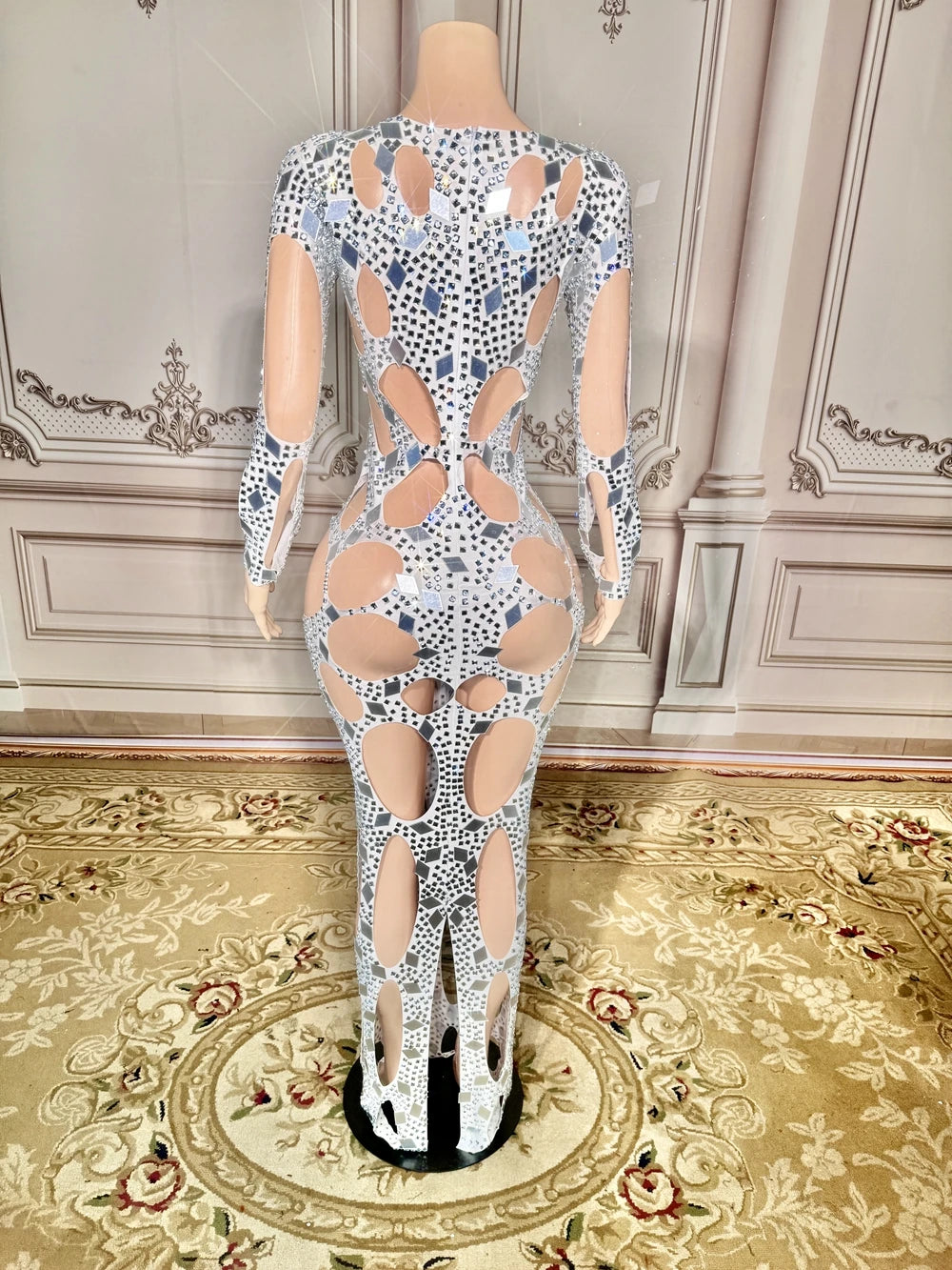 Flash Mirrors Rhinestones Hollow Long Dress Evening Outfit
