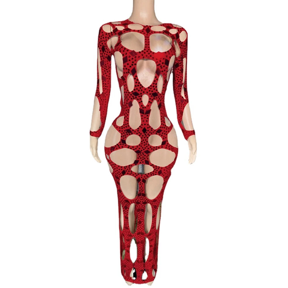 Flash Mirrors Rhinestones Hollow Long Dress Evening Outfit