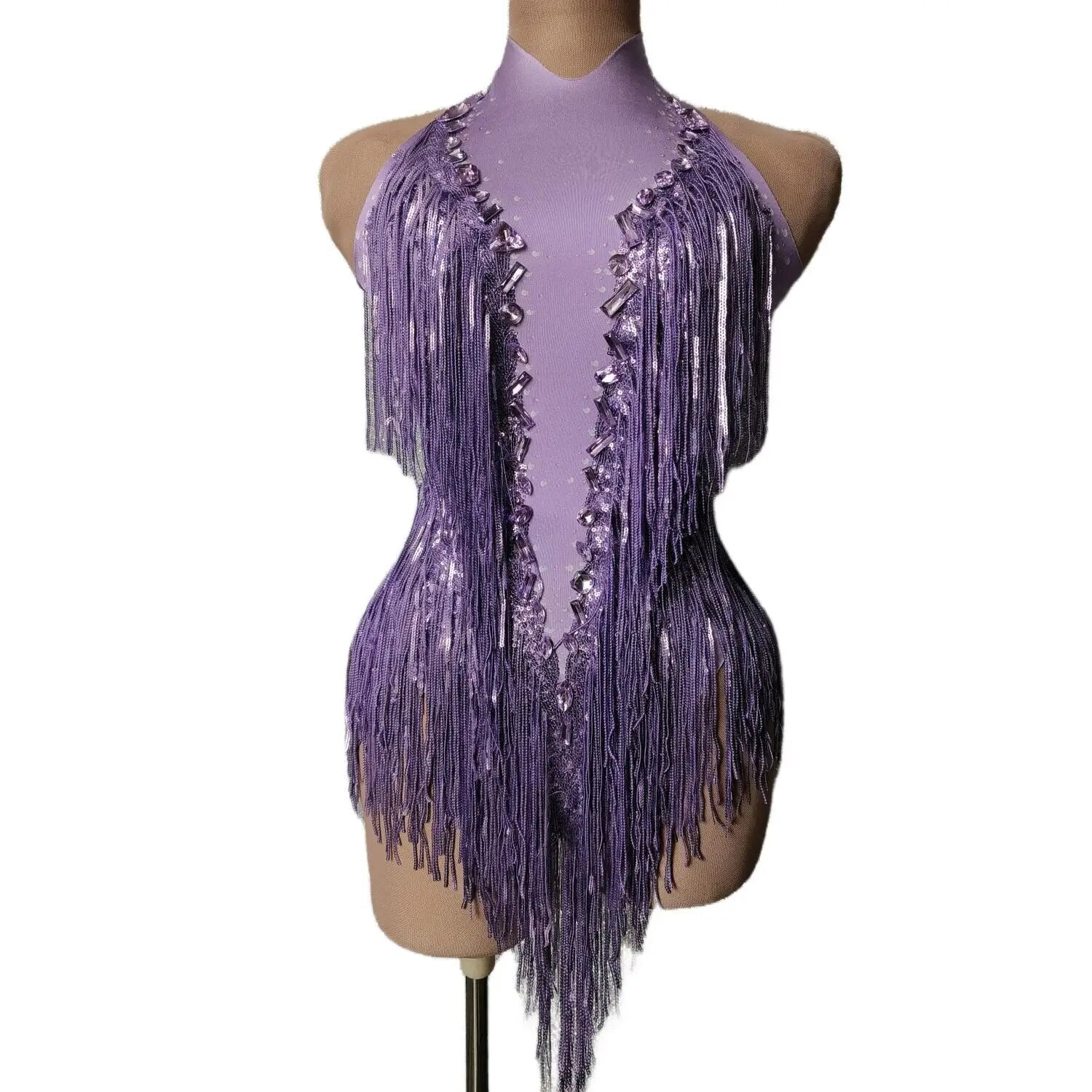 Flash Red Sequins Fringed Rhinestones Transparent Bodysuit Costume Leotard
