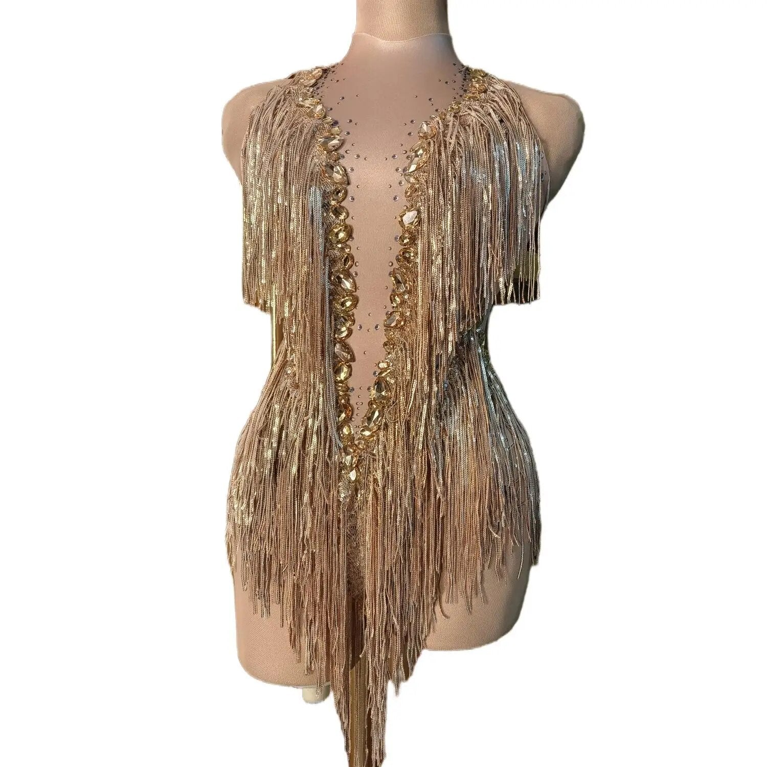 Flash Red Sequins Fringed Rhinestones Transparent Bodysuit Costume Leotard