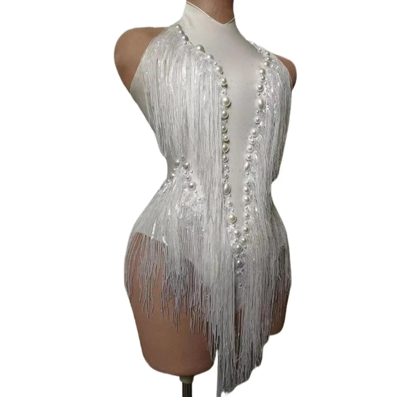 Flash Red Sequins Fringed Rhinestones Transparent Bodysuit Costume Leotard