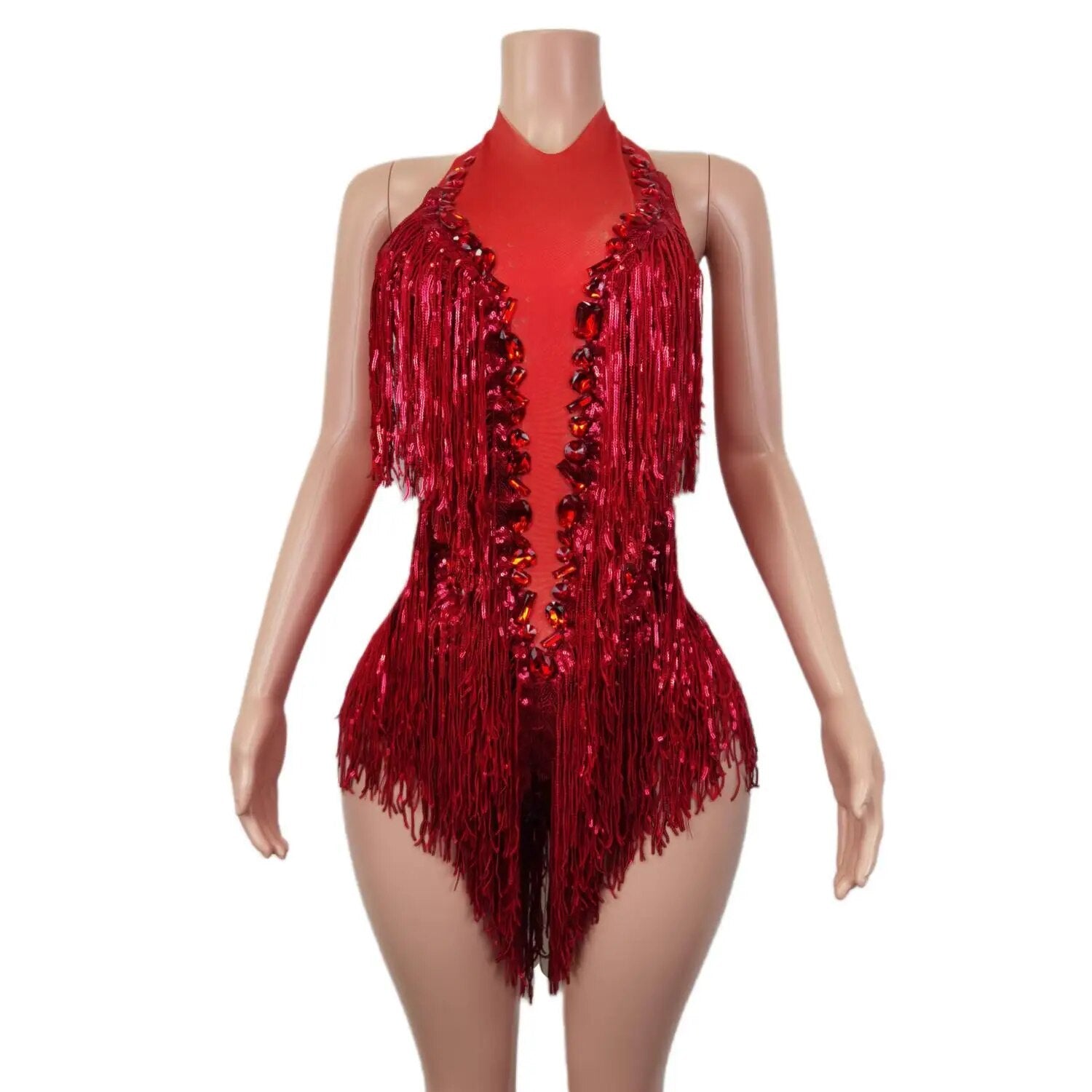 Flash Red Sequins Fringed Rhinestones Transparent Bodysuit Costume Leotard