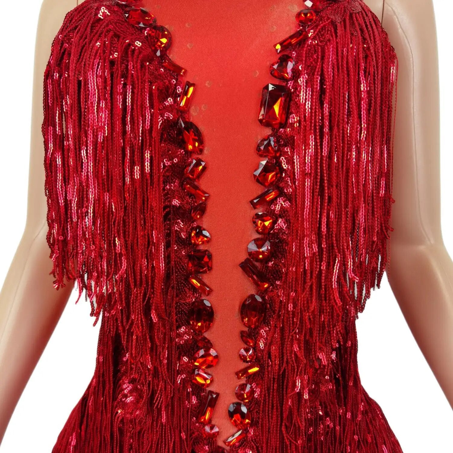 Flash Red Sequins Fringed Rhinestones Transparent Bodysuit Costume Leotard