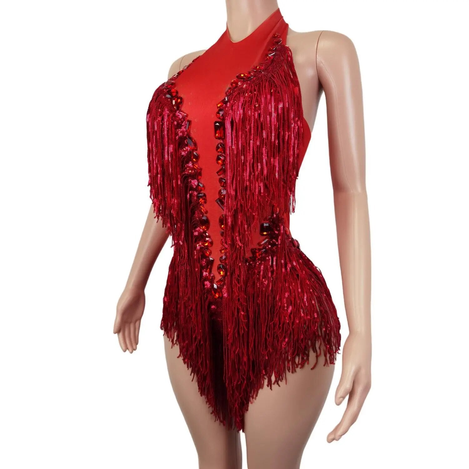 Flash Red Sequins Fringed Rhinestones Transparent Bodysuit Costume Leotard
