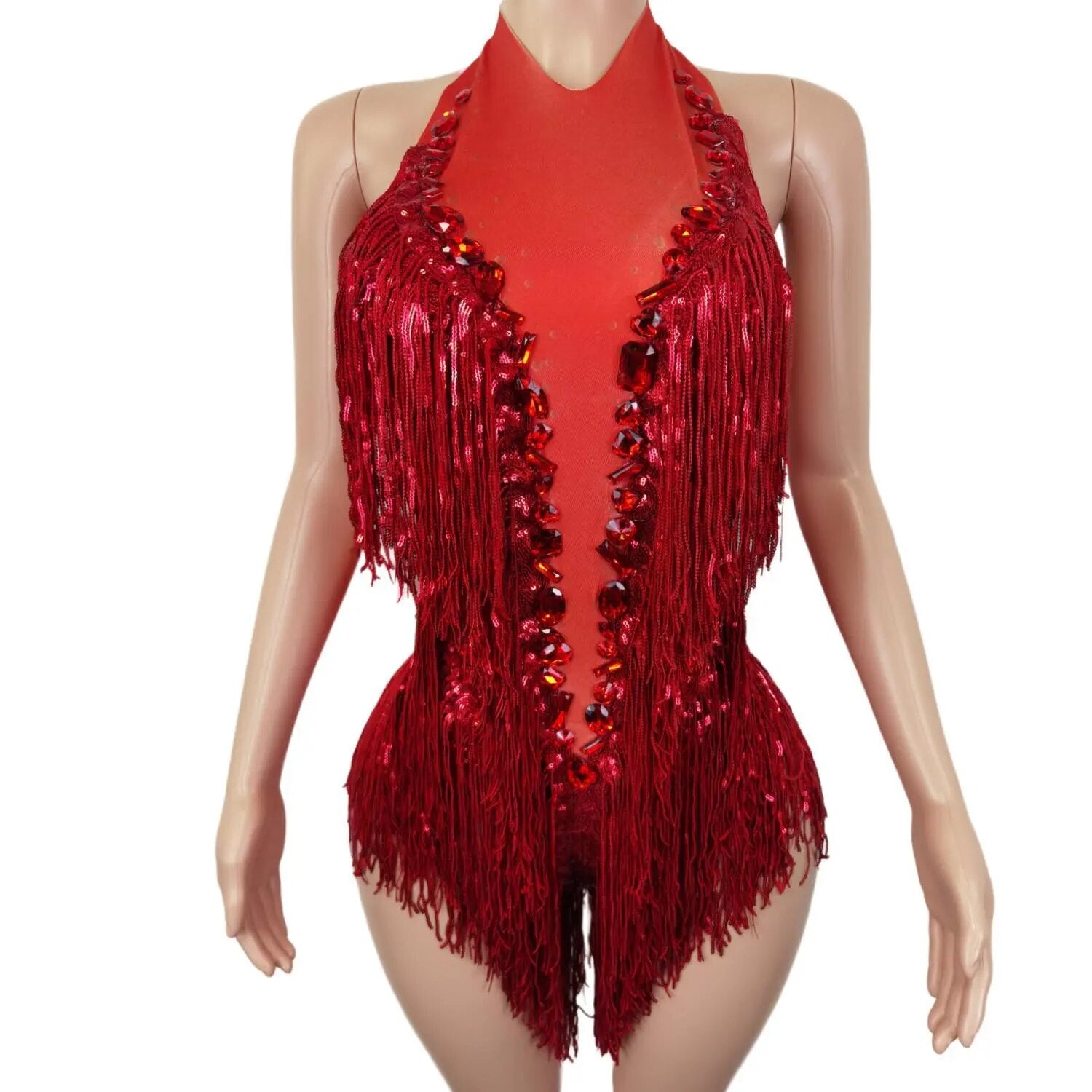 Flash Red Sequins Fringed Rhinestones Transparent Bodysuit Costume Leotard