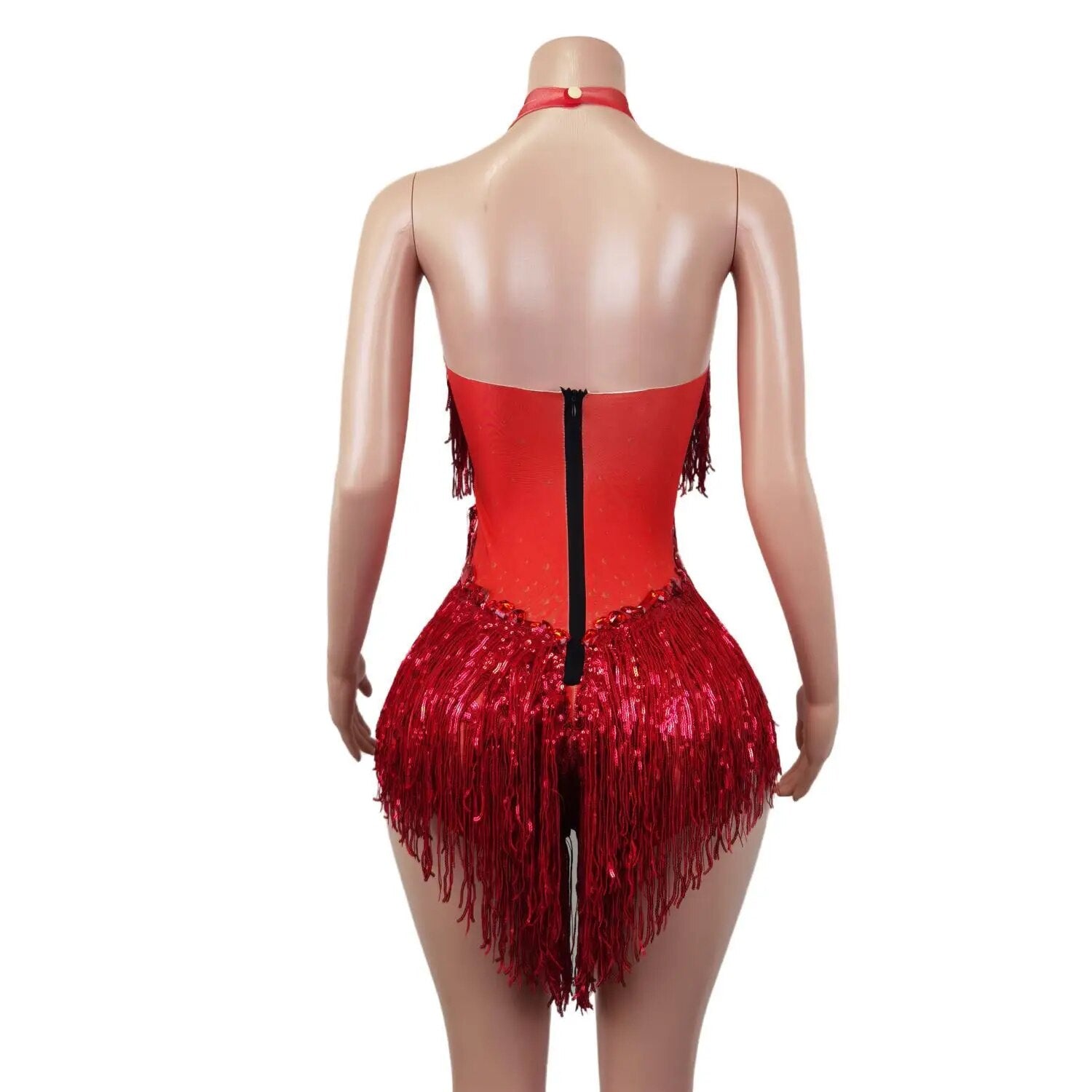 Flash Red Sequins Fringed Rhinestones Transparent Bodysuit Costume Leotard