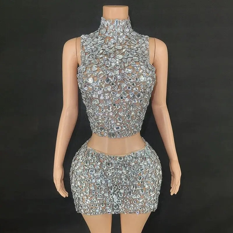Flashing Rhinestone Chain Sexy Halter Backless Sheath Two-Pieces Set Birthday Evening Party Celebrate Costume Nightclub Outfit
