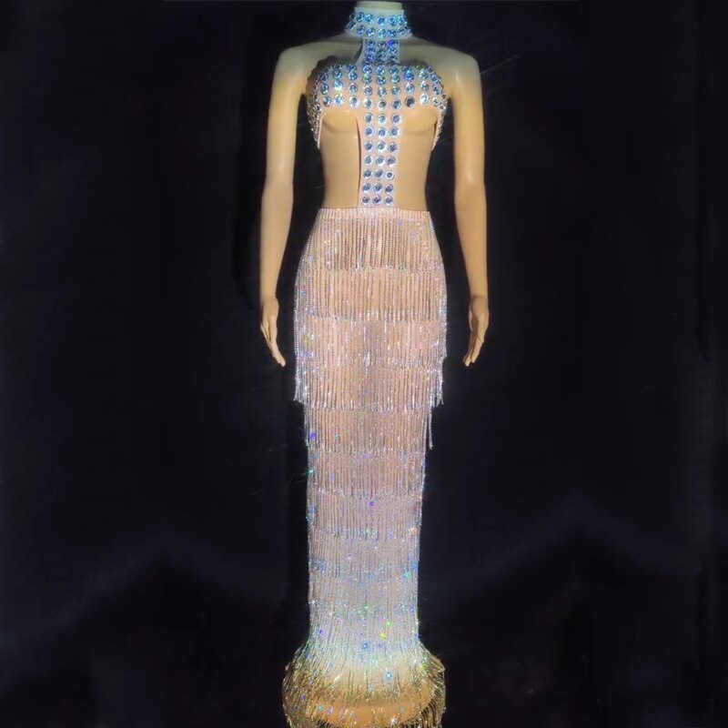 Flash Rhinestones Fringed Dress Cutout Evening Dresses Women Festival Outfit