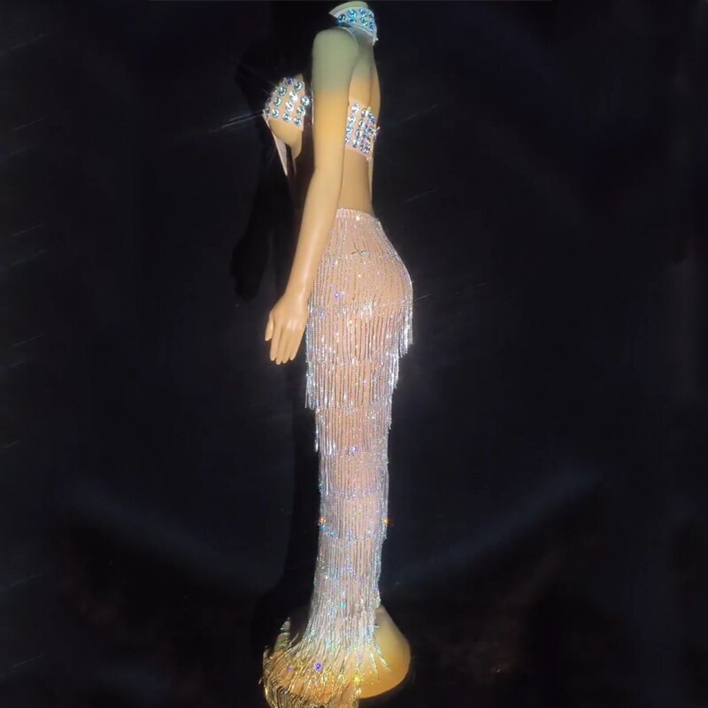 Flash Rhinestones Fringed Dress Cutout Evening Dresses Women Festival Outfit