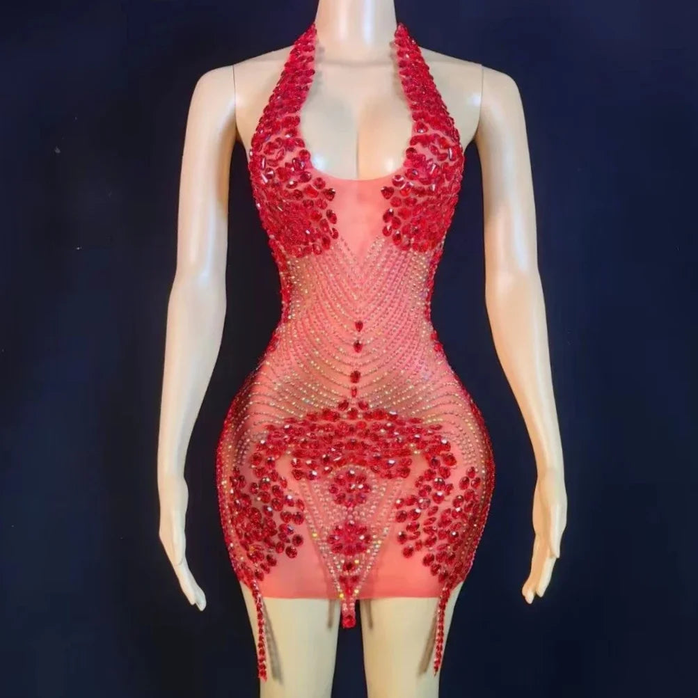 Flashing Rhinestones Pink Sexy Halter Backless Transparent Sheath Mini Dress Birthday Celebrate Costume Women Dancer Prom Outfit