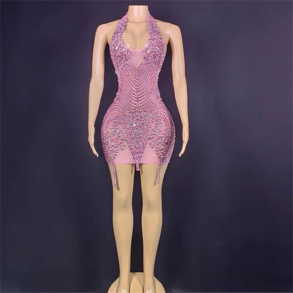 Flashing Rhinestones Pink Sexy Halter Backless Transparent Sheath Mini Dress Birthday Celebrate Costume Women Dancer Prom Outfit