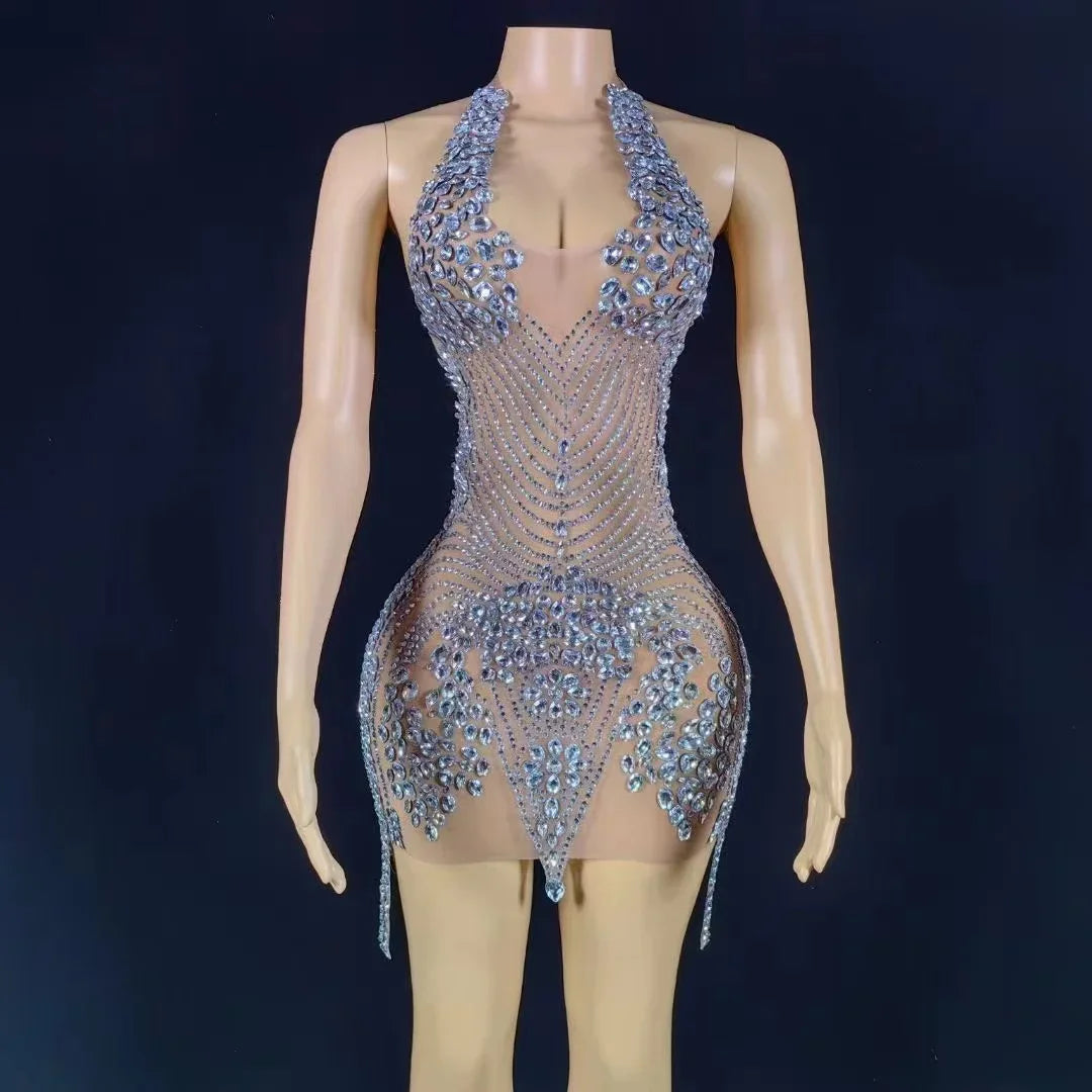 Flashing Rhinestones Pink Sexy Halter Backless Transparent Sheath Mini Dress Birthday Celebrate Costume Women Dancer Prom Outfit