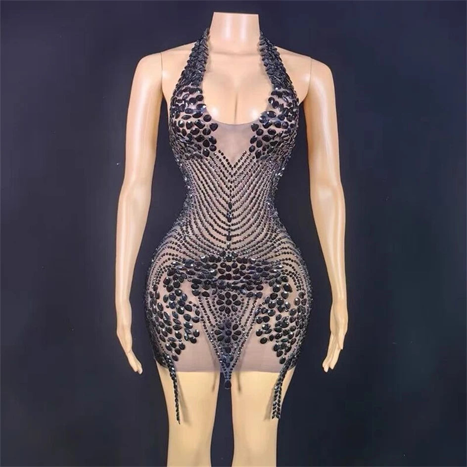 Flashing Rhinestones Pink Sexy Halter Backless Transparent Sheath Mini Dress Birthday Celebrate Costume Women Dancer Prom Outfit