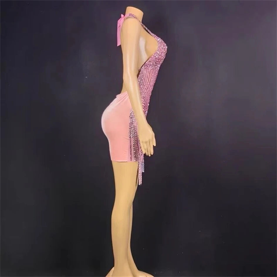 Flashing Rhinestones Pink Sexy Halter Backless Transparent Sheath Mini Dress Birthday Celebrate Costume Women Dancer Prom Outfit